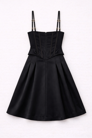 Schwarzes Peplum-Bustier - Midikleid aus Satin und Spitze - Streng limitiert