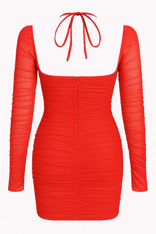 Rotes Gerafftes Neckholder-Minikleid