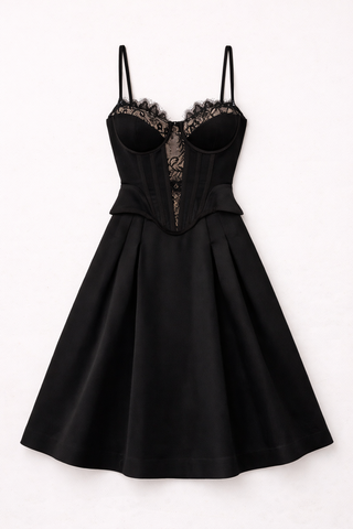 Schwarzes Peplum-Bustier - Midikleid aus Satin und Spitze - Streng limitiert
