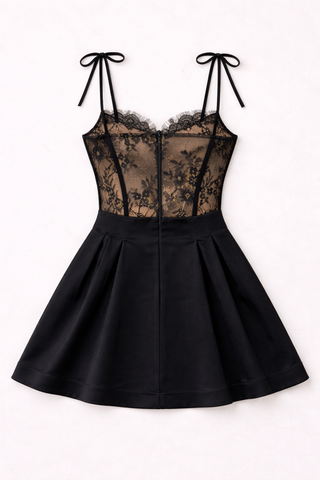 Schwarzes Peplum-Bustier - Minikleid aus Satin und Spitze - Streng limitiert