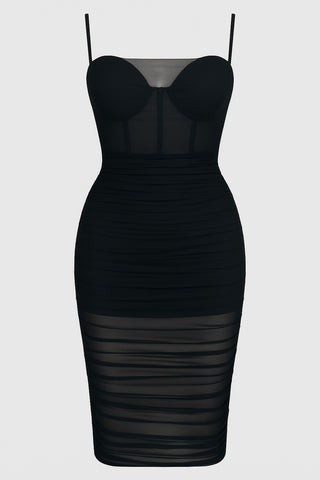 Schwarzes Gerafftes Midikleid