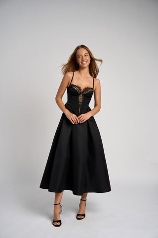 Schwarzes Peplum-Bustier - Midikleid aus Satin und Spitze - Streng limitiert