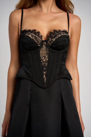 Schwarzes Peplum-Bustier - Midikleid aus Satin und Spitze - Streng limitiert