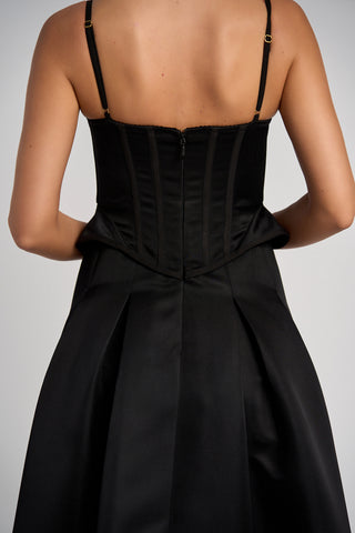 Schwarzes Peplum-Bustier - Midikleid aus Satin und Spitze - Streng limitiert