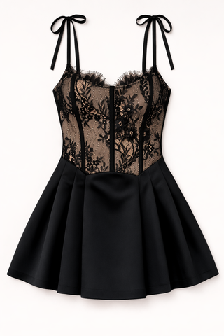 Schwarzes Peplum-Bustier - Minikleid aus Satin und Spitze - Streng limitiert